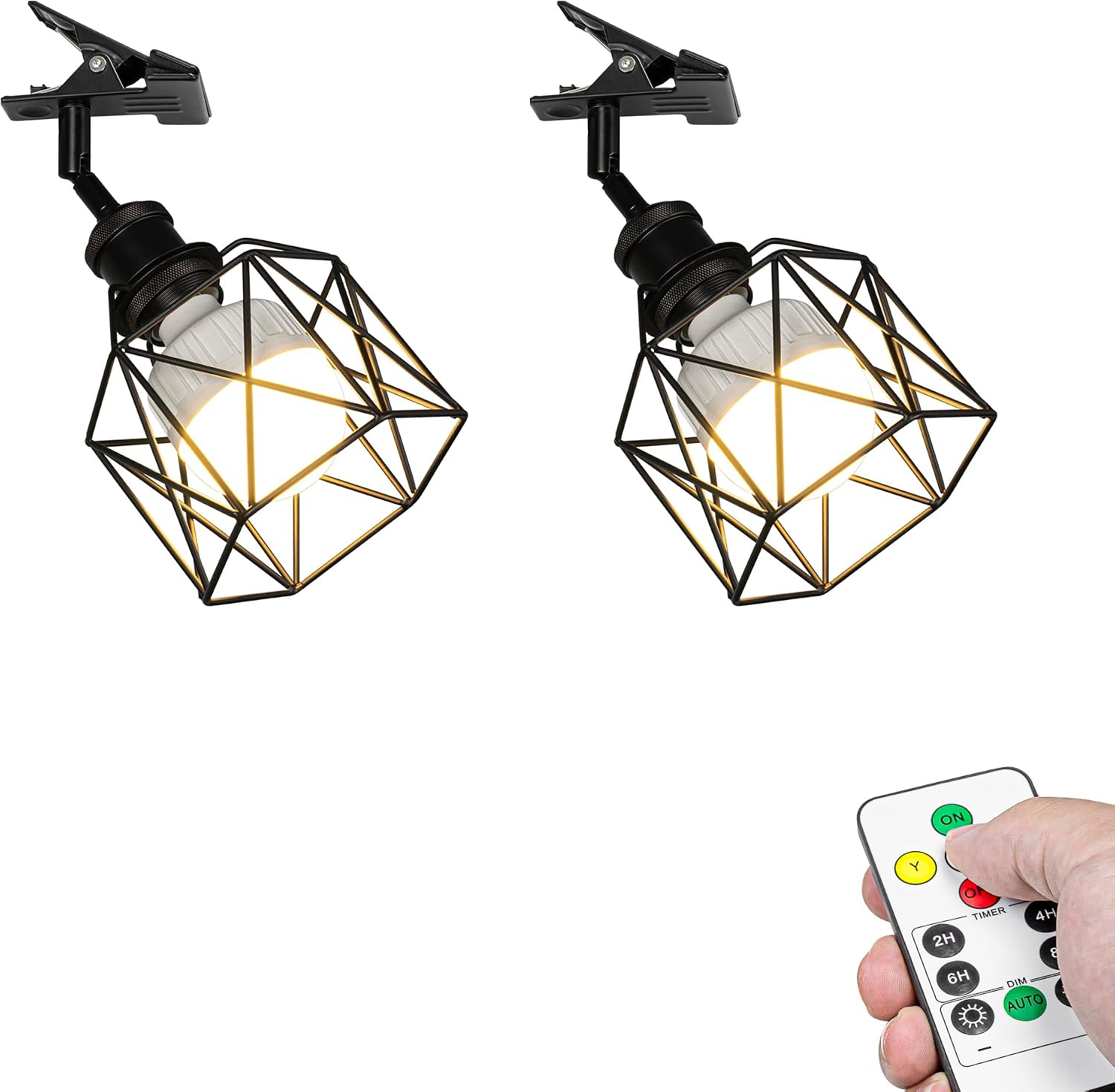 2Pcs Rechargeable Battery Dimmable Black Metal Hollow Shade Clamp Light No Wire Remote Timing LED Clip Lighting Retro Design for Bedsides Shelf Bookshelf Splint Billboards