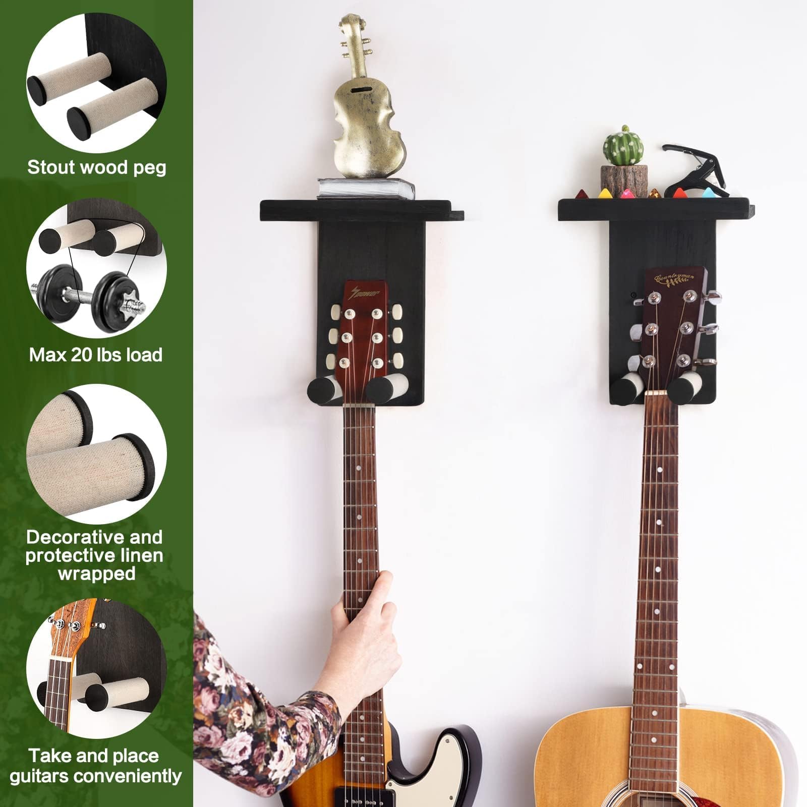 Gitarrenhalter für die Wand, 3er-Set Gitarren Wandhalterung mit Regal, Wandhalterung Gitarre, Wandhalter Gitarre, Gitarrenhalter für Akustikgitarre, Bass, E-Gitarre, Ukulele - Schwarz