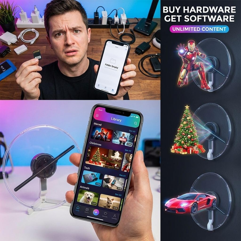 3D Hologram Fan for Business Owners 13.4 Inch LED Holographic Display Projector with WiFi App Control Bluetooth Audio 1500 Video Library Quiet Bearing Pluggable Blade Tech Lover Gift