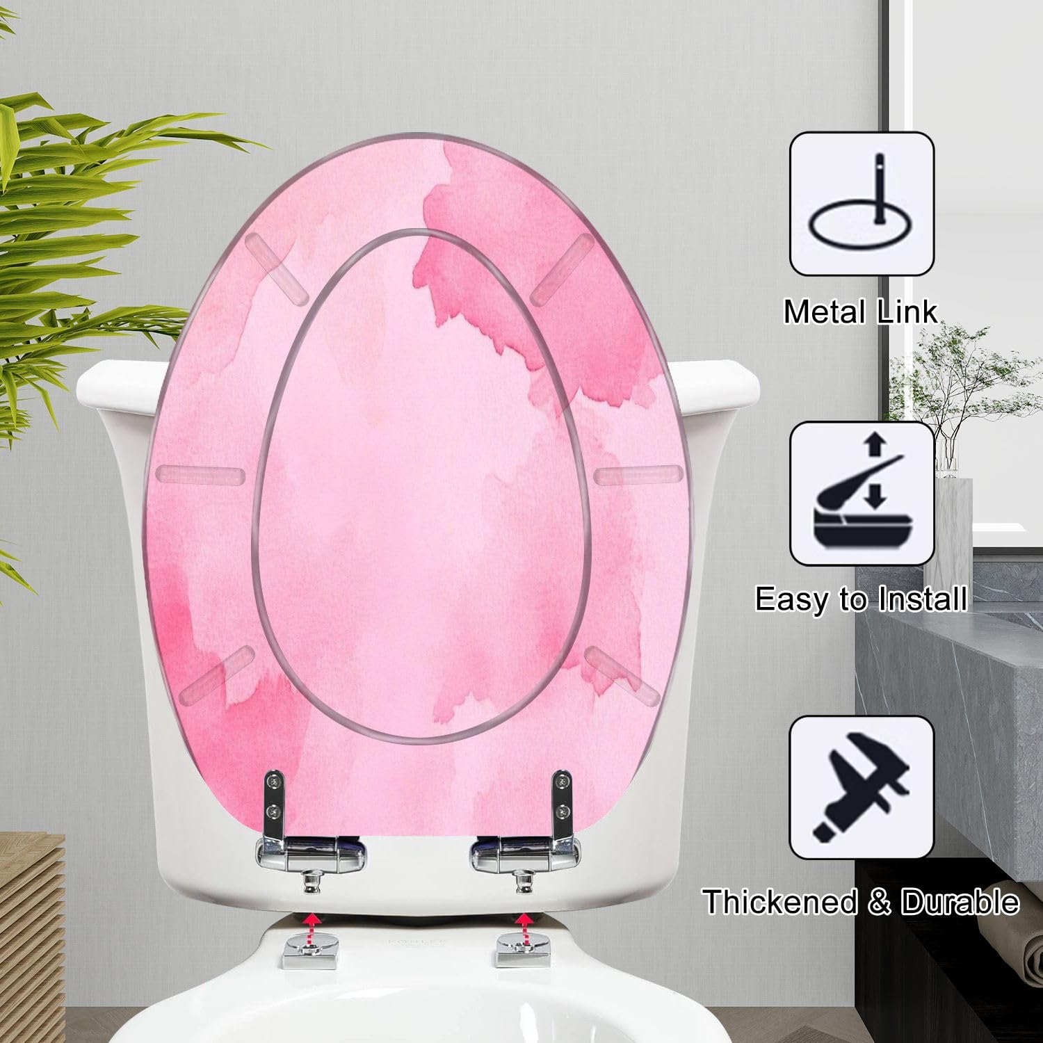 Asiento de inodoro alargado de resina con cierre suave para baño.
