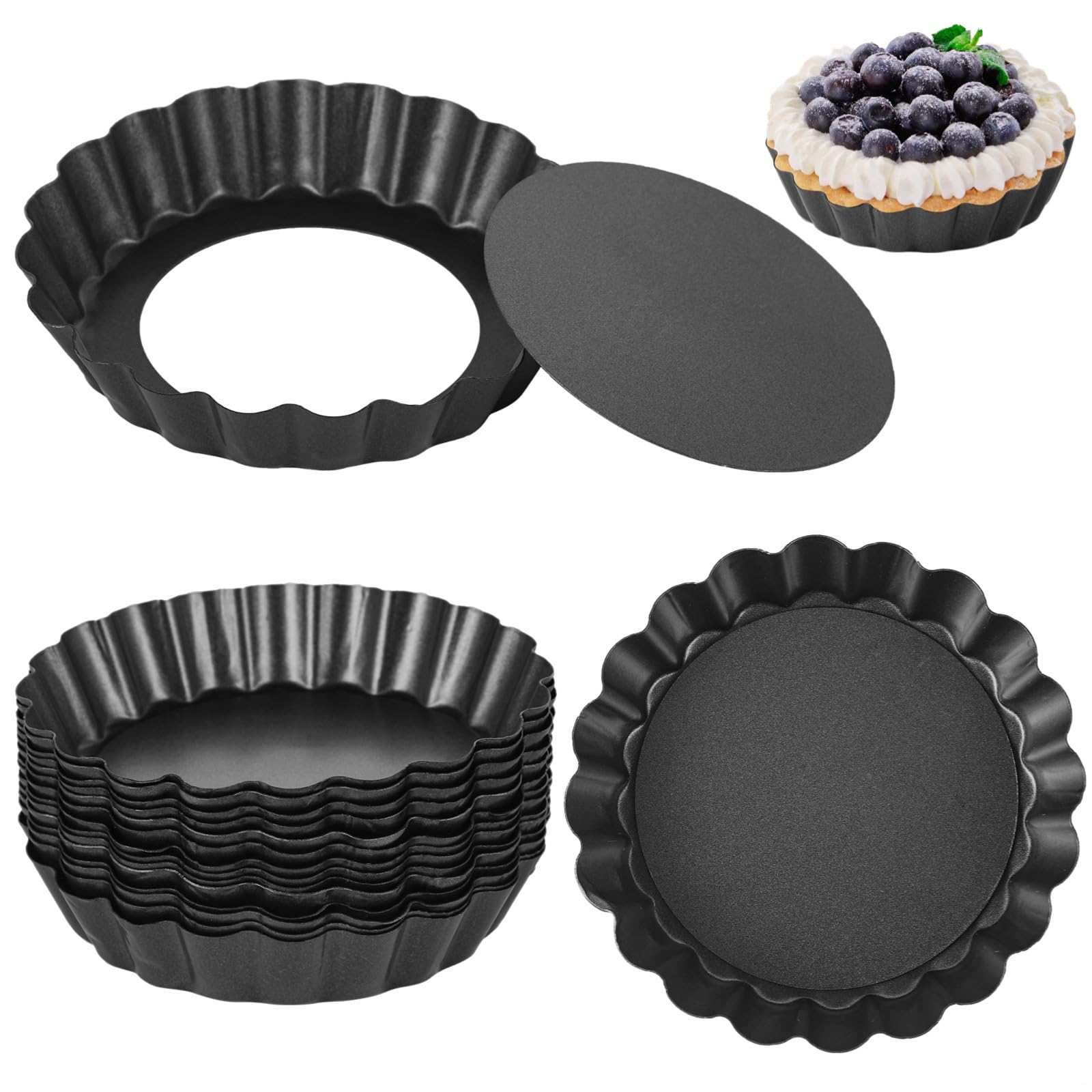 Set di 16 mini teglie per crostate, stampi rotondi da 3,9 con fondo rimovibile, antiaderenti, scanalati, stampi per quiche, mousse e torte, stampi per pizza