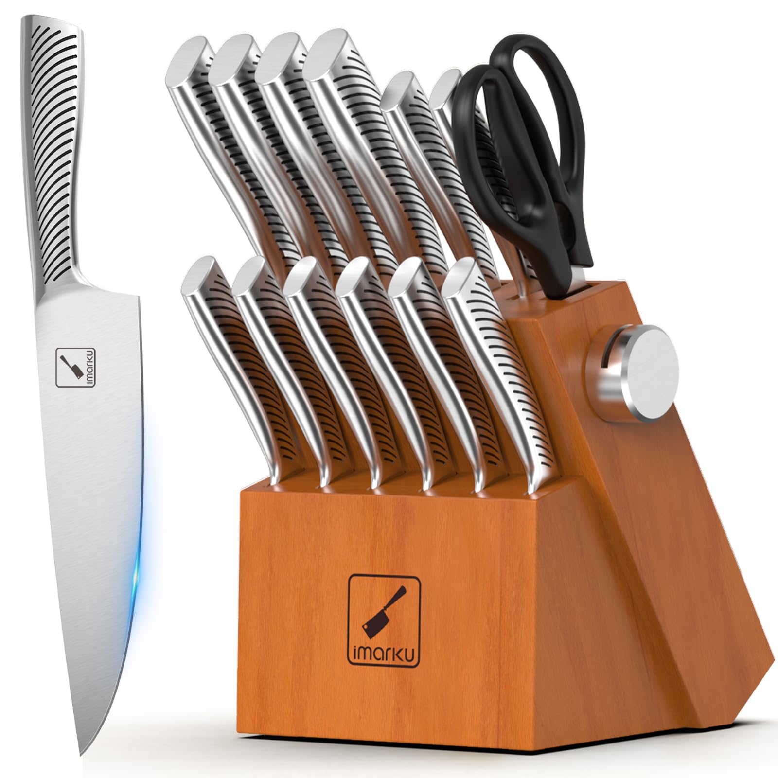 imarku Knife Set, 14 Piece Premium Kitchen Knife Block Set, Razor Sharp Japanese Chef Knives Set for Kitchen with Built-in Sharpener, Dishwasher Safe & Quality Acacia Wood Block, Gift for Women