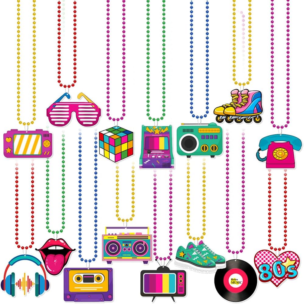Apol 15PCS Neon 80s Beaded Necklace,Retro 80s Party Decoration Long Necklace Radio Tape Roller Skates Record Accessories for 1980s Theme Rock Hippie Disco Neon Birthday Party Supplies