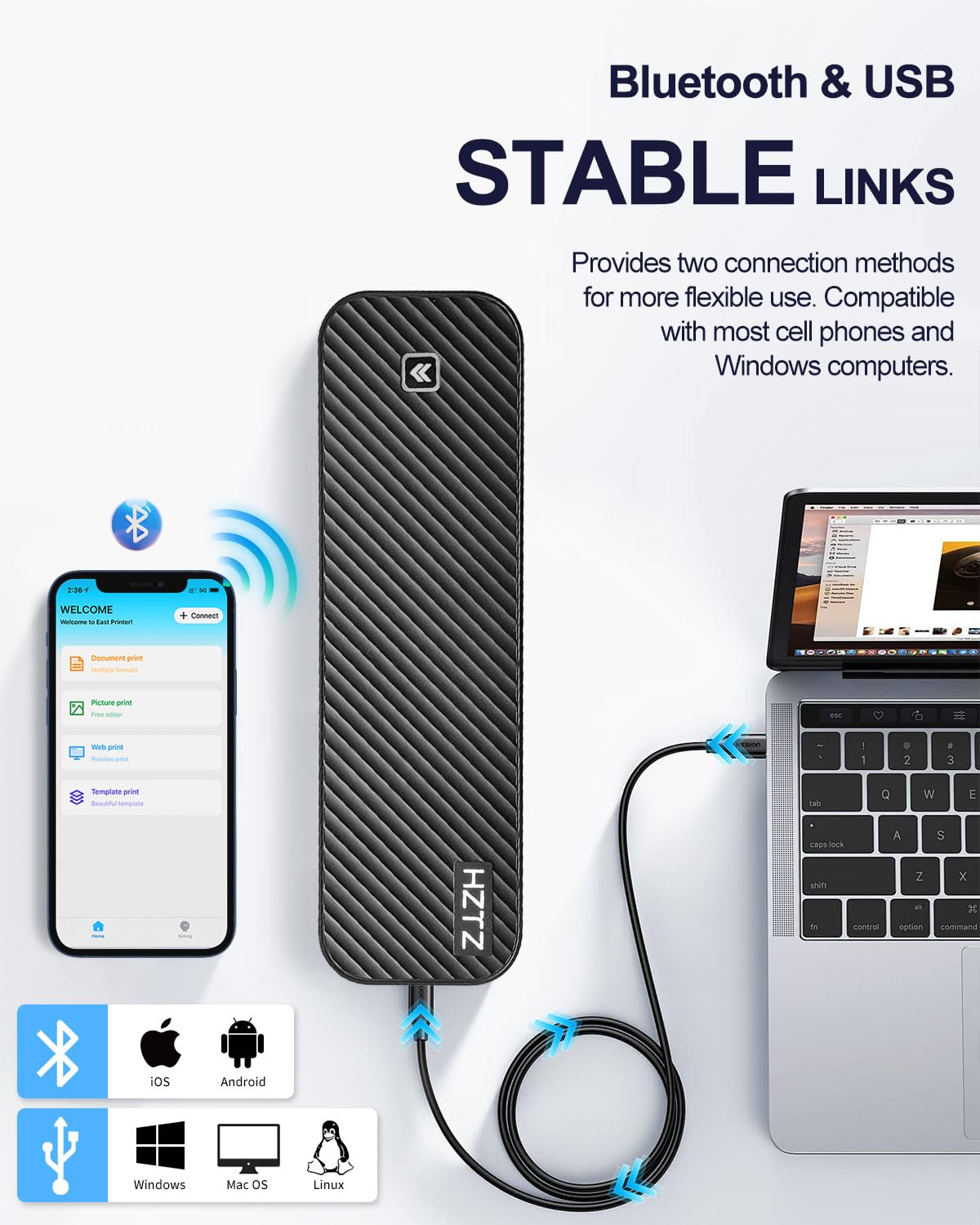 Impresora Portátil Inalámbrica, Impresora Térmica de Viaje, Impresión sin Tinta Bluetooth & USB Soporte de Impresora US Carta/A4/A5 Papel Térmico, Compatible con Android & iOS Teléfono/Laptop