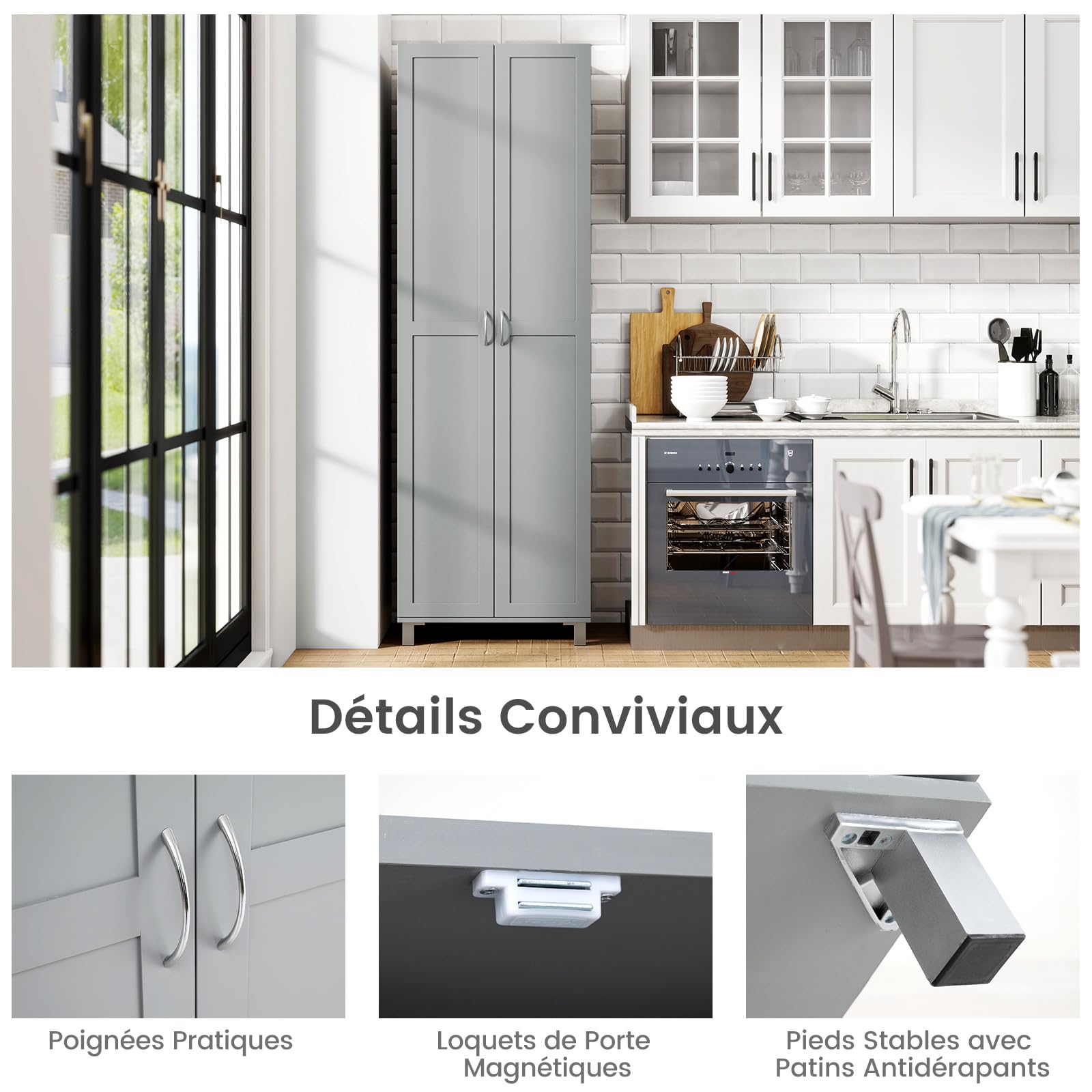 COSTWAY Armoire de Rangement 187 cm, Armoire Chambre 2 Portes, Étagère Réglable, Pieds en Métal, Dispositif Anti-Basculement, Meuble Rangement pour Cuisine, Dressing, Vêtement, 60x39x187cm (Gris)