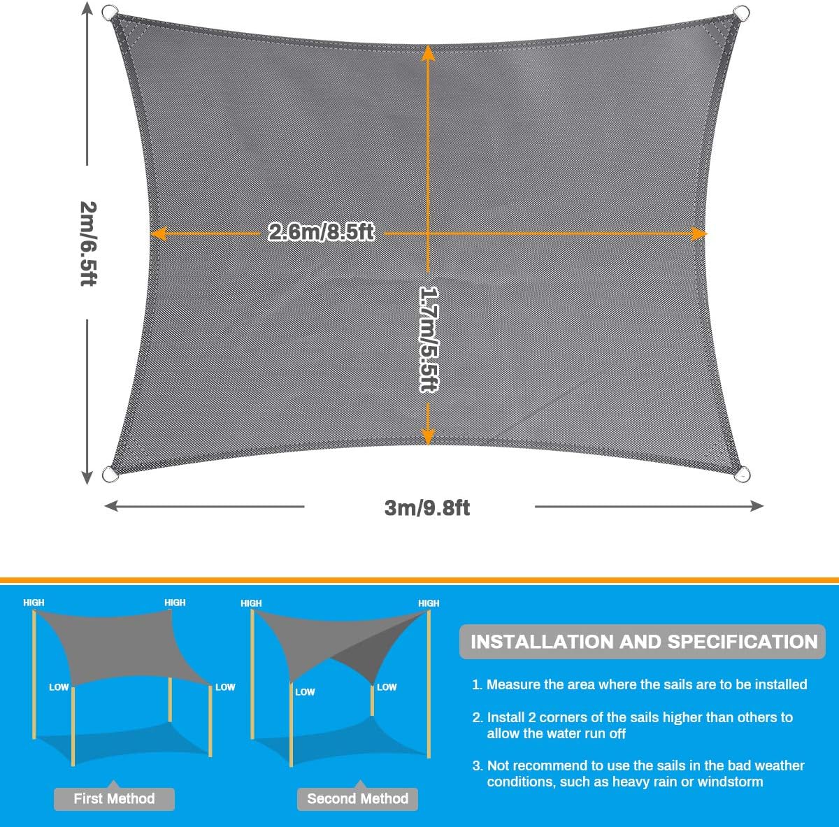 Aytop Sun Sail Shades Rectangular Waterproof, 9.8 x 6.5ft Sun Shade