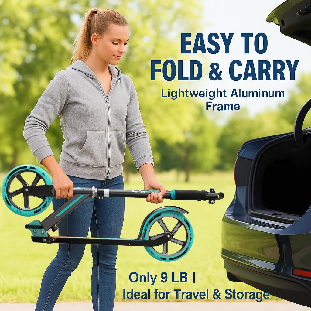 Scooter for Kids 6–12 & Adults, Foldable Kids Scooter with Big Wheels, Adjustable Height, Aluminium Frame, Holds Up to 240 LBS