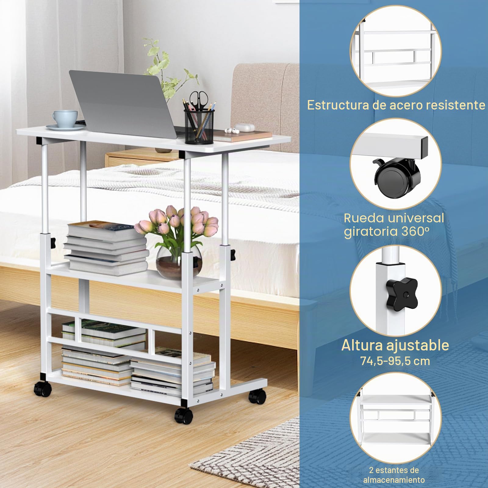 Escritorio de altura regulable 80 x 40 x 74,5 – 95,5 cm, mesa auxiliar móvil, mesa auxiliar móvil, mesa de escritorio con estantes para habitaciones, oficina en casa, mesa blanca
