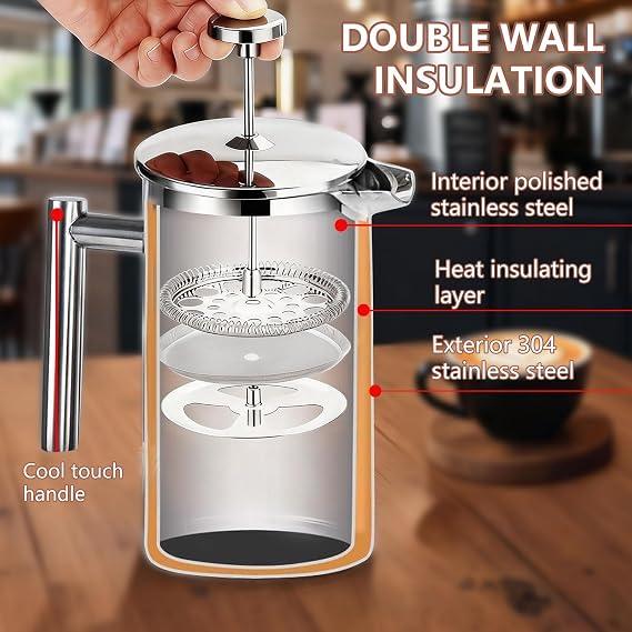 Cafetiere French Press Coffee Maker 350 ml, Double Wall Insulated French Press Stainless Steel, Easy Clean Tea Brewer, 3-Layer Filter, Cold Brew Cafetiere, Kitchen & Camping