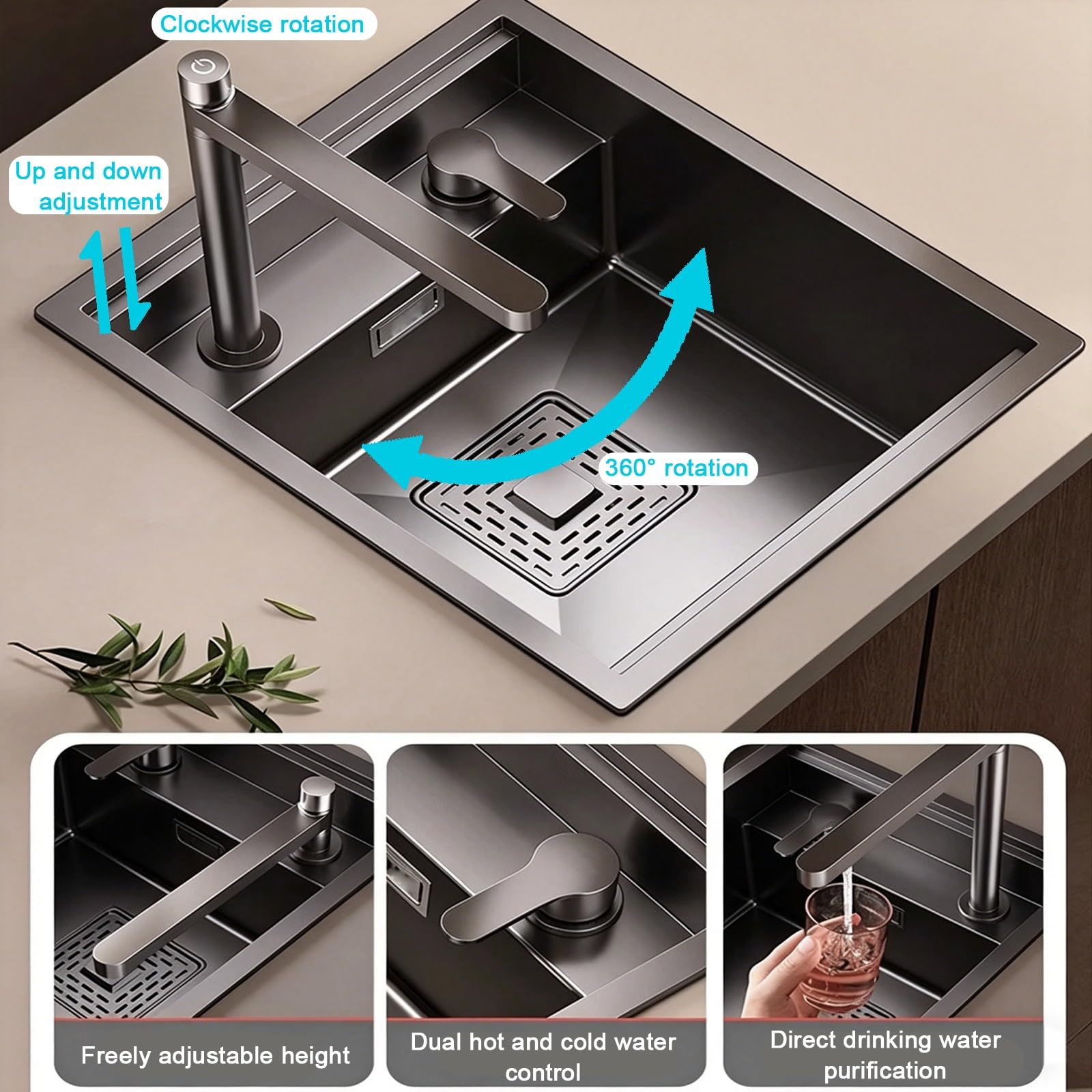 Fregadero Camper, Fregadero de Cocina y Grifo, Acero Inoxidable 304, Cubierta Oculta, para Caravanas, Autocaravanas, Embarcaciones y Bares(32x43cm/12.6x17in)