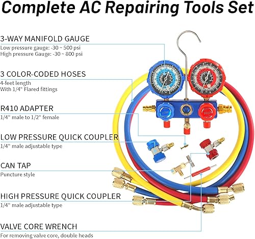 Miniatura 4 de PB Motor Tech - Juego de bomba de vacío y medidor - Bomba de 4.5 CFM con manómetro de aluminio de 3 vías, con detector de fugas y estuche de