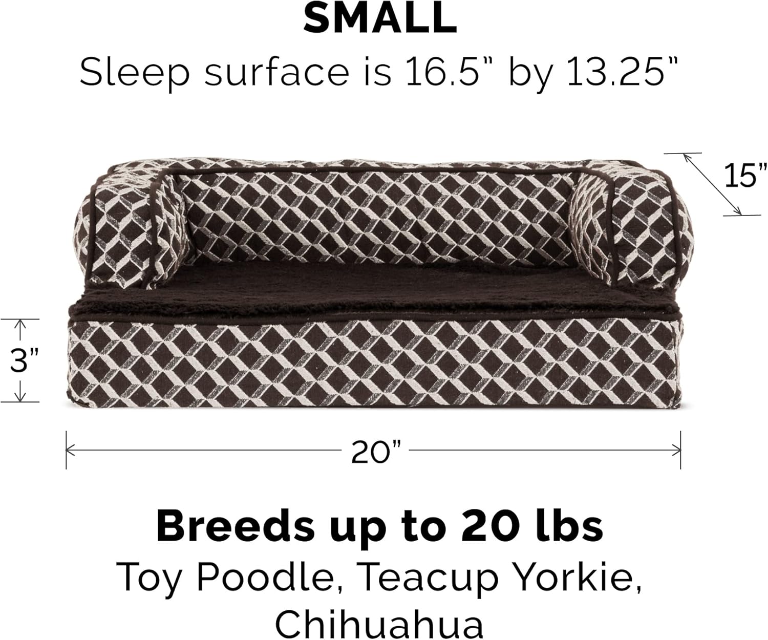 Furhaven Comfy Couch Plush & Décor Sofa-Style Cooling Gel Foam Dog Bed - Diamond Brown, Small