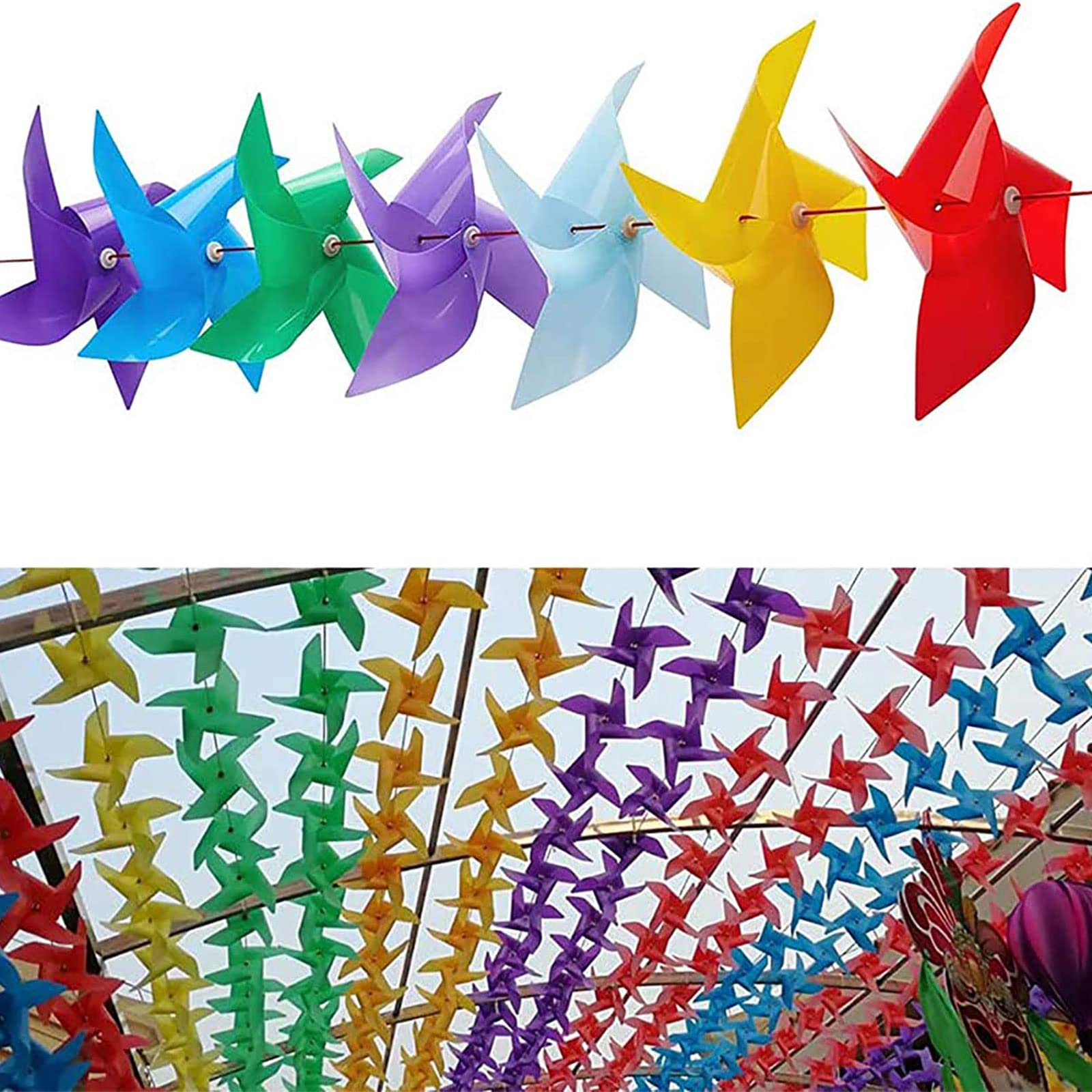 100 Piezas Molino de Viento + Cuerda de Alambre de 30 m + Accesorio Resistencia al Agua Daños Molino de Viento de plástico Juguete Jardín Césped Decoración de Fiesta Regalo Plástico