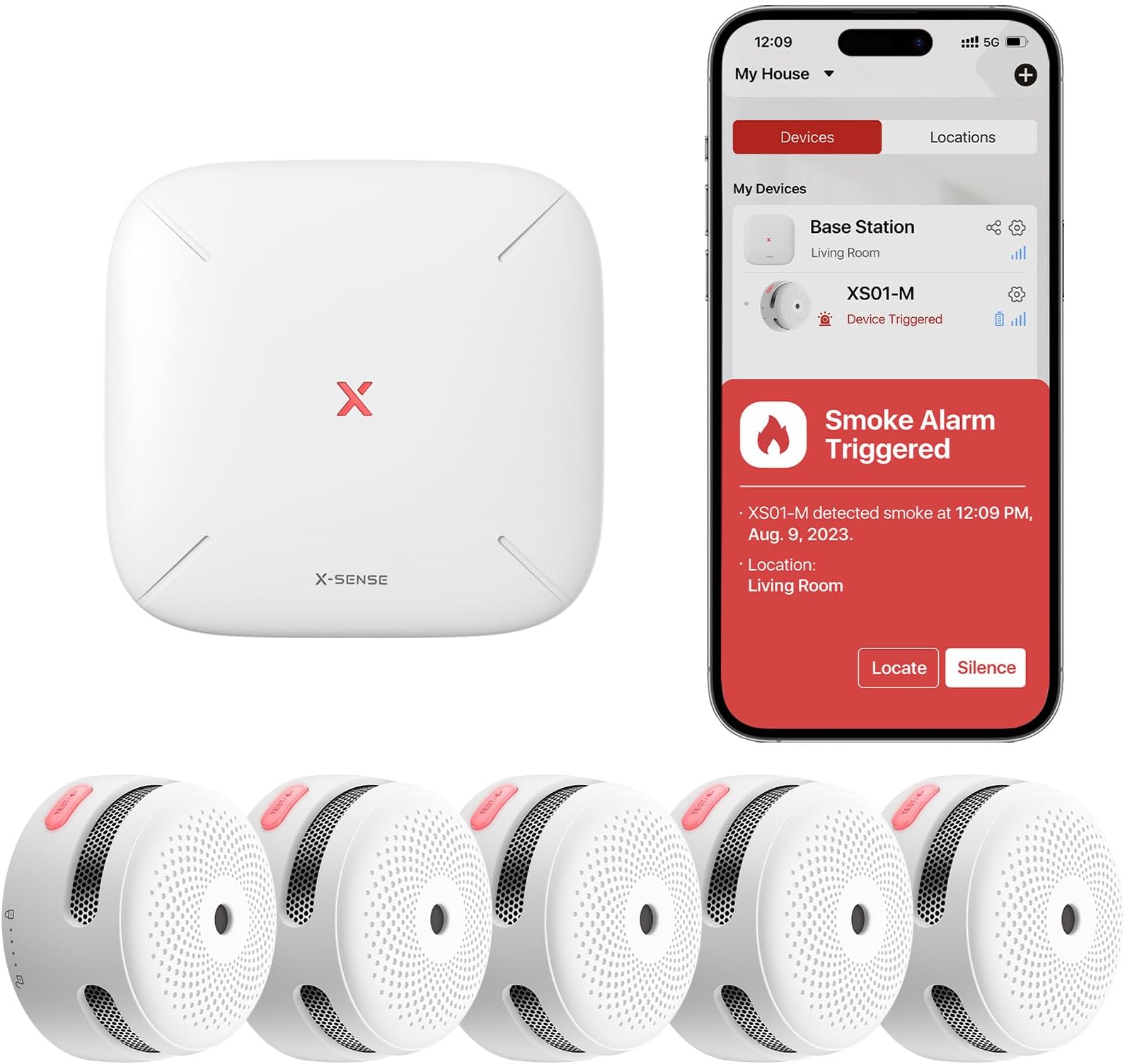 X-Sense FS51 5-Pack Smart SBS50 Base Station, White, 5 Smoke Detectors