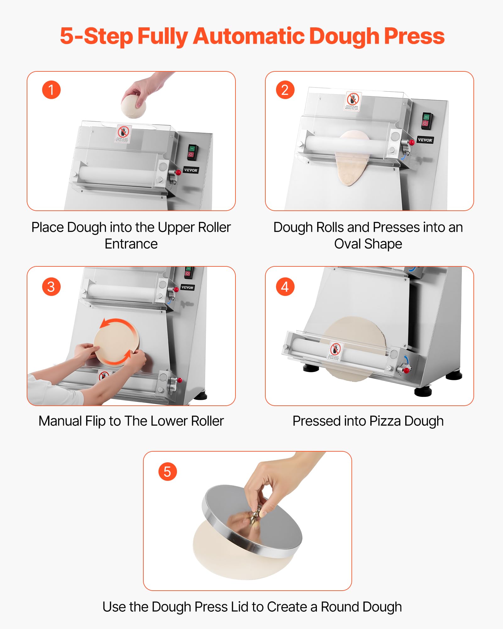 VEVOR Formeuse à pizzas 7,6-40,6 cm, presse à pâte électrique commerciale 390 W, 260 feuilles par heure, laminoir à pâte à pizza semi-automatique en acier inoxydable, épaisseur réglable avec couvercle