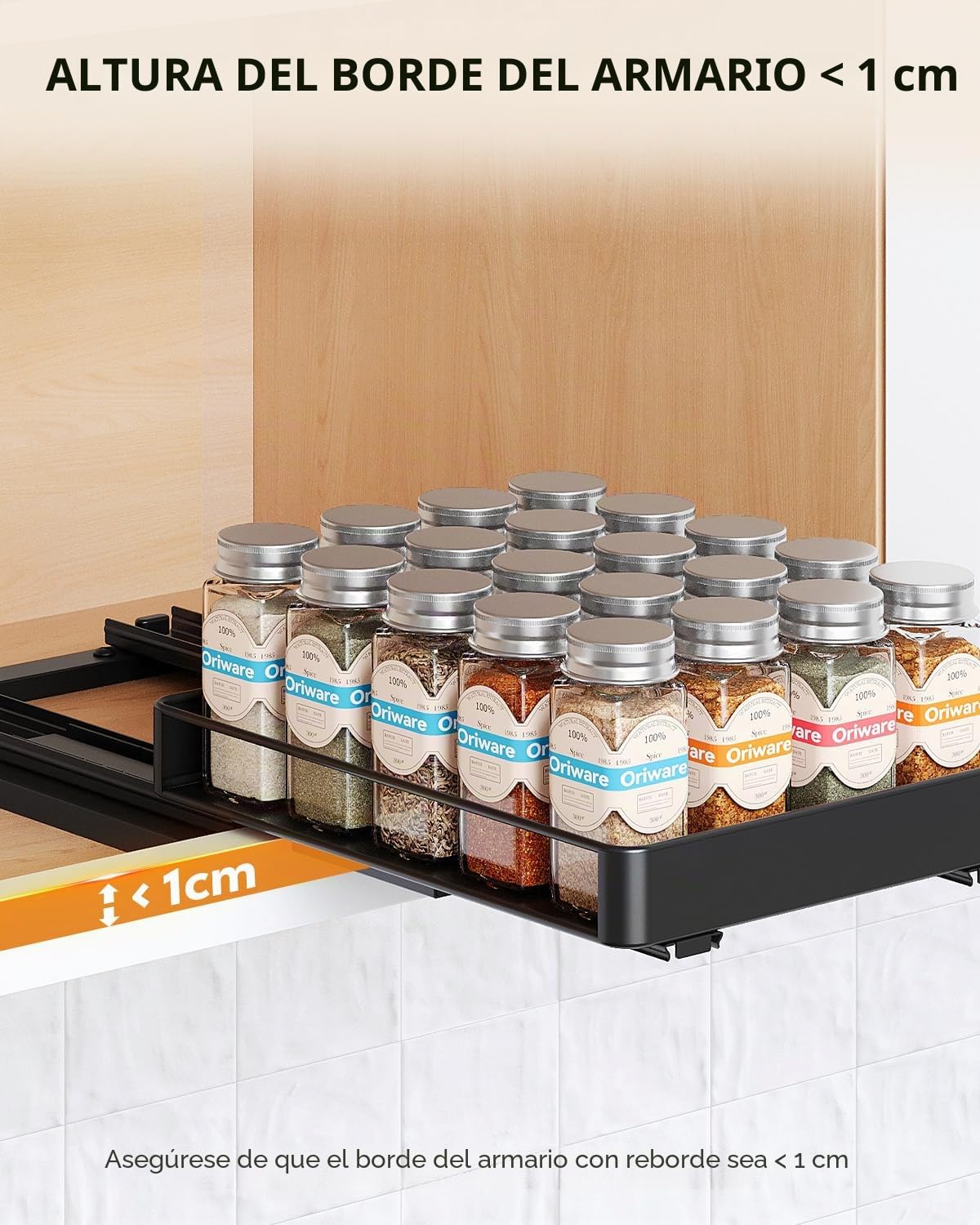 Cajones Extraibles para Cocina, 2 pisos Organizador Cocina, 2 juegos Especieros para Cocina, Construcción Metálica, Negro, 26,3 x 20,7 x 5,7 cm