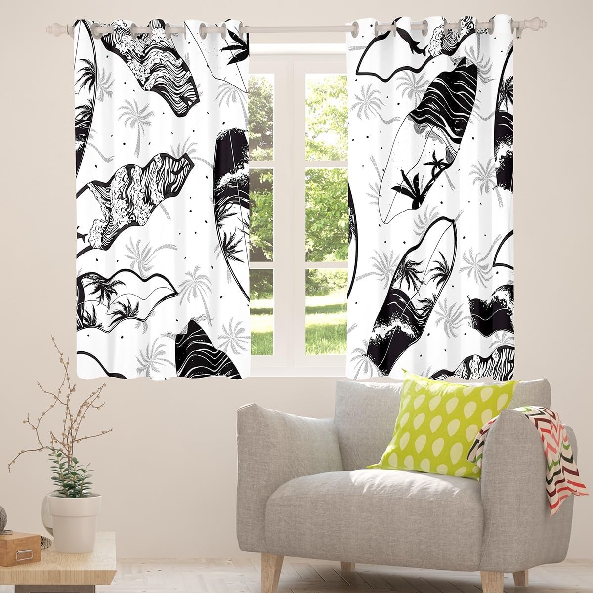 Manfei Kids Summer Beach Blackout Curtain Black White Surfboards Window Treatments, Tropical Palm Trees Window Drapes for Boys Teen Room Decor Grommet Top 2 Panel Set Bedroom Curtains, 52Wx63L inch