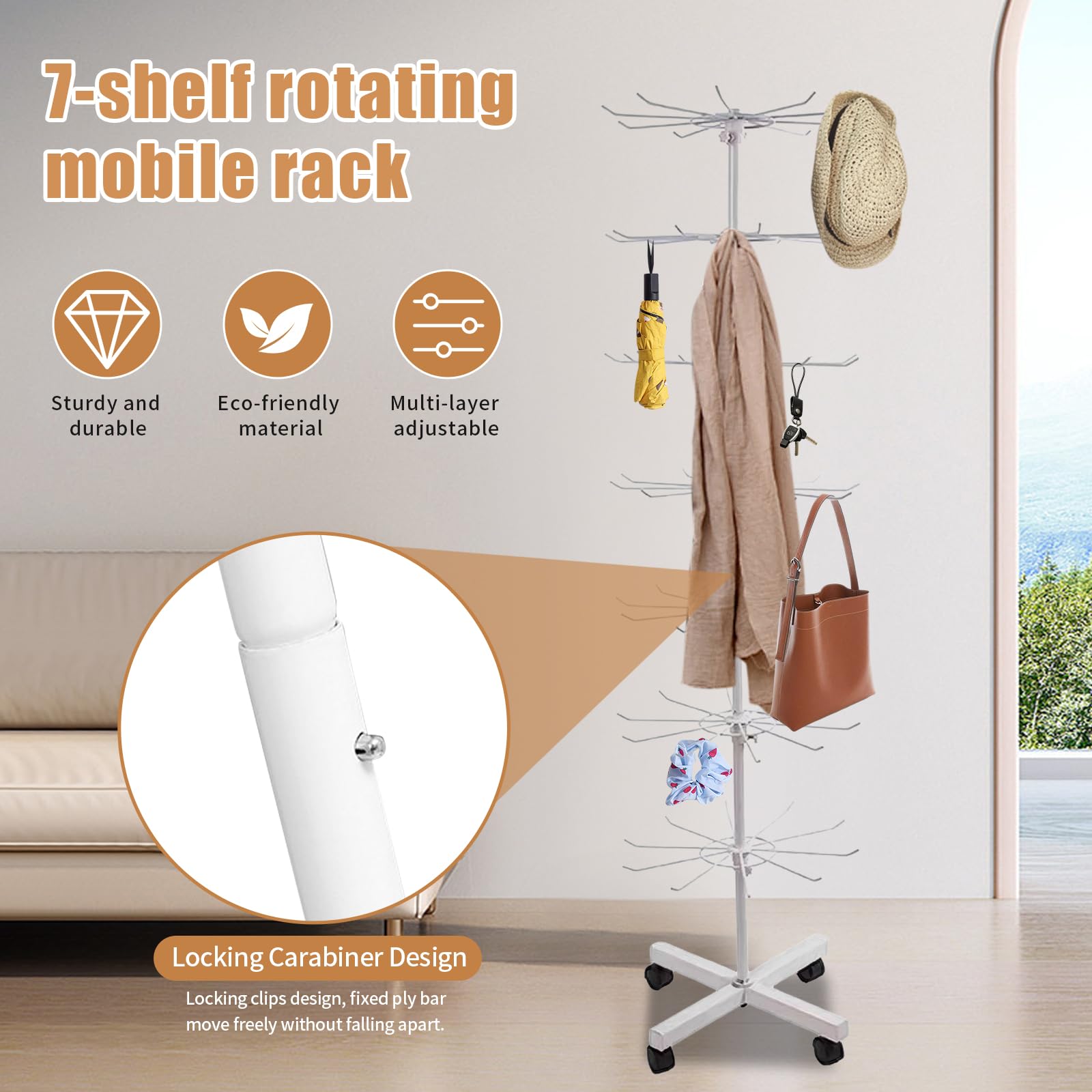 Espositore girevole a 7 livelli, diametro 40 cm, altezza 160 cm, con gancio, supporto girevole per gioielli, in metallo per catena, sciarpe, calze, cartolina (bianco)