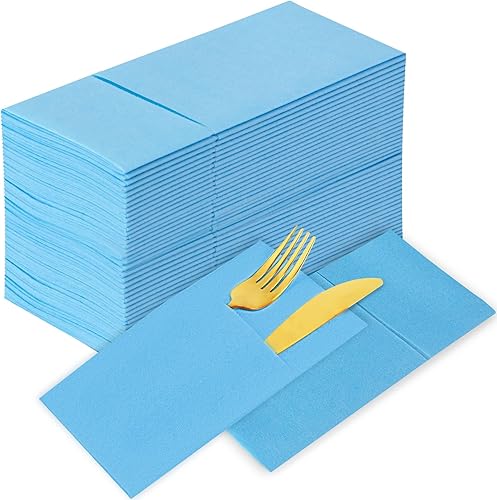 KAMMAK Servilletas Azul Claro Desechables con Bolsillo Paquete de 100 Servilletas de Papel Tipo Tela para Cena Toallas de Mano Plegadas para