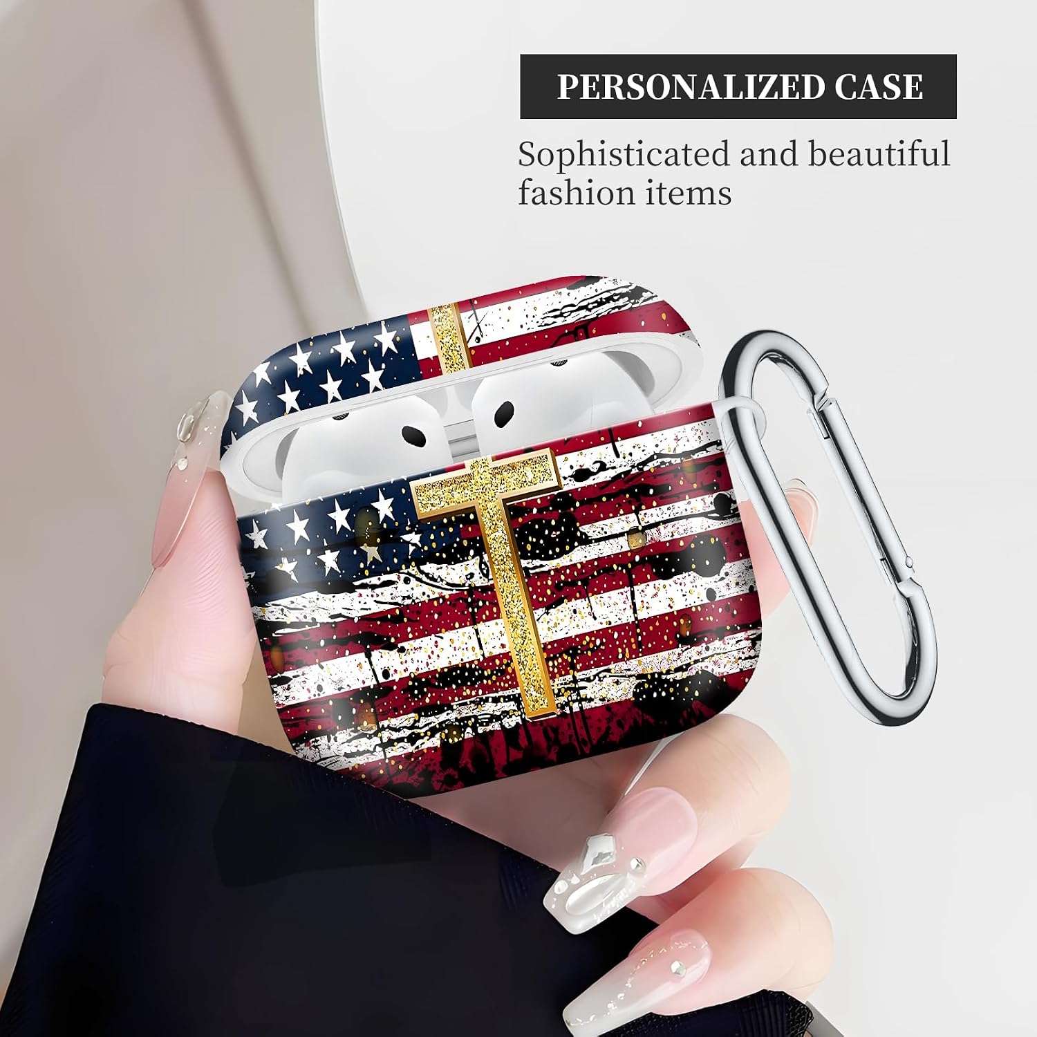 Case Compatible with AirPod 4th Generation 2024,Shockproof Protective Case Cover with Keychain for Women Men,Wireless Accessorie Charging Cases for Airpod 4th - American Flag Cross