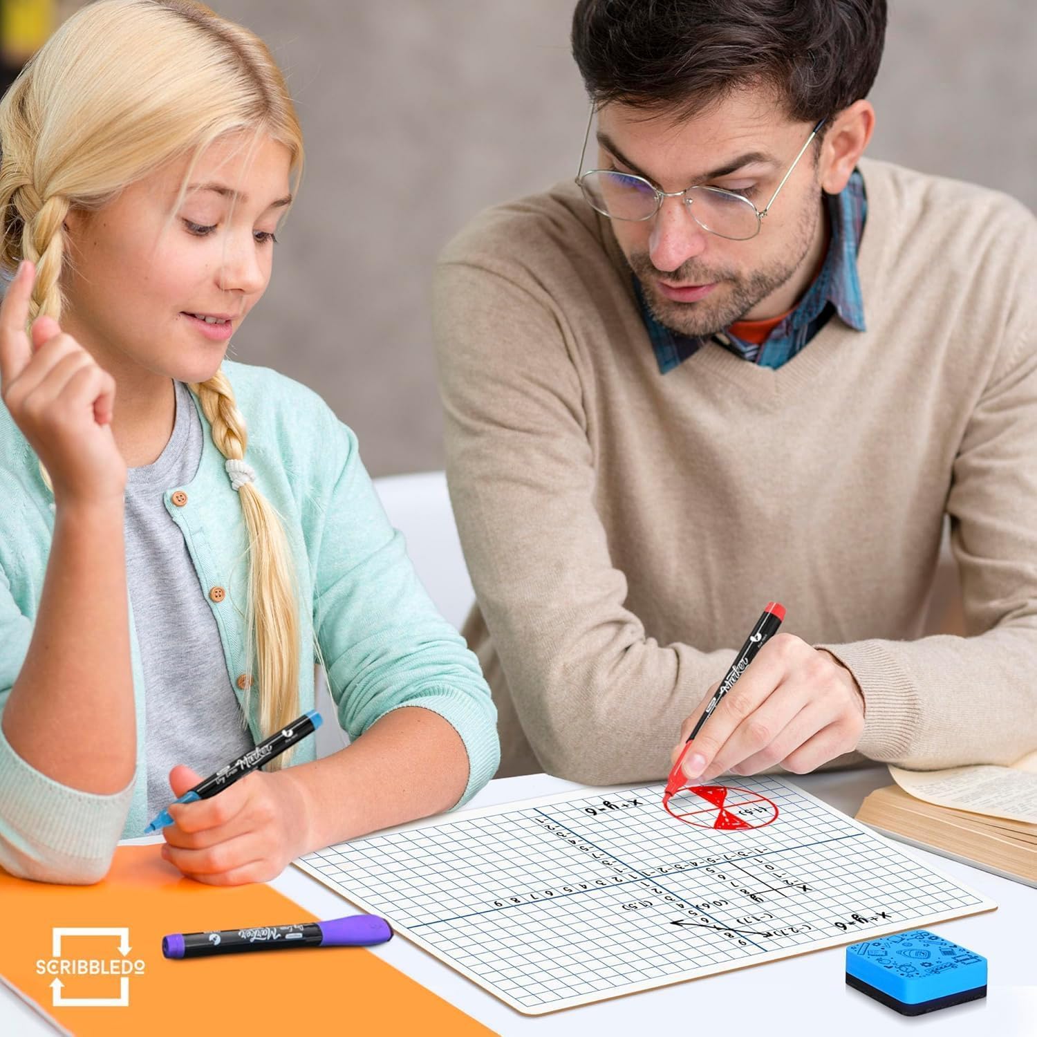 Scribbledo 24 Pack Dry Erase XY Axis Graph Lap Board 9" X 12" for Student and Classroom Use, Math White Board - Double Sided With 24 Erasers Included