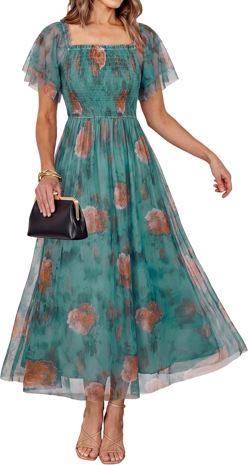 Simplee Womens Floral Maxi Dresses 2026 Spring Square Neck Mesh Short Sleeve Smocked Boho Flowy Wedding Guest Dress
