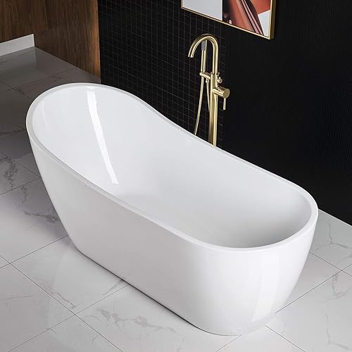 Vista 93 de WOODBRIDGE Bañera de acrílico independiente de 59 pulgadas, bañera blanca de remojo contemporáneo con desbordamiento y drenaje negro mate, Mate