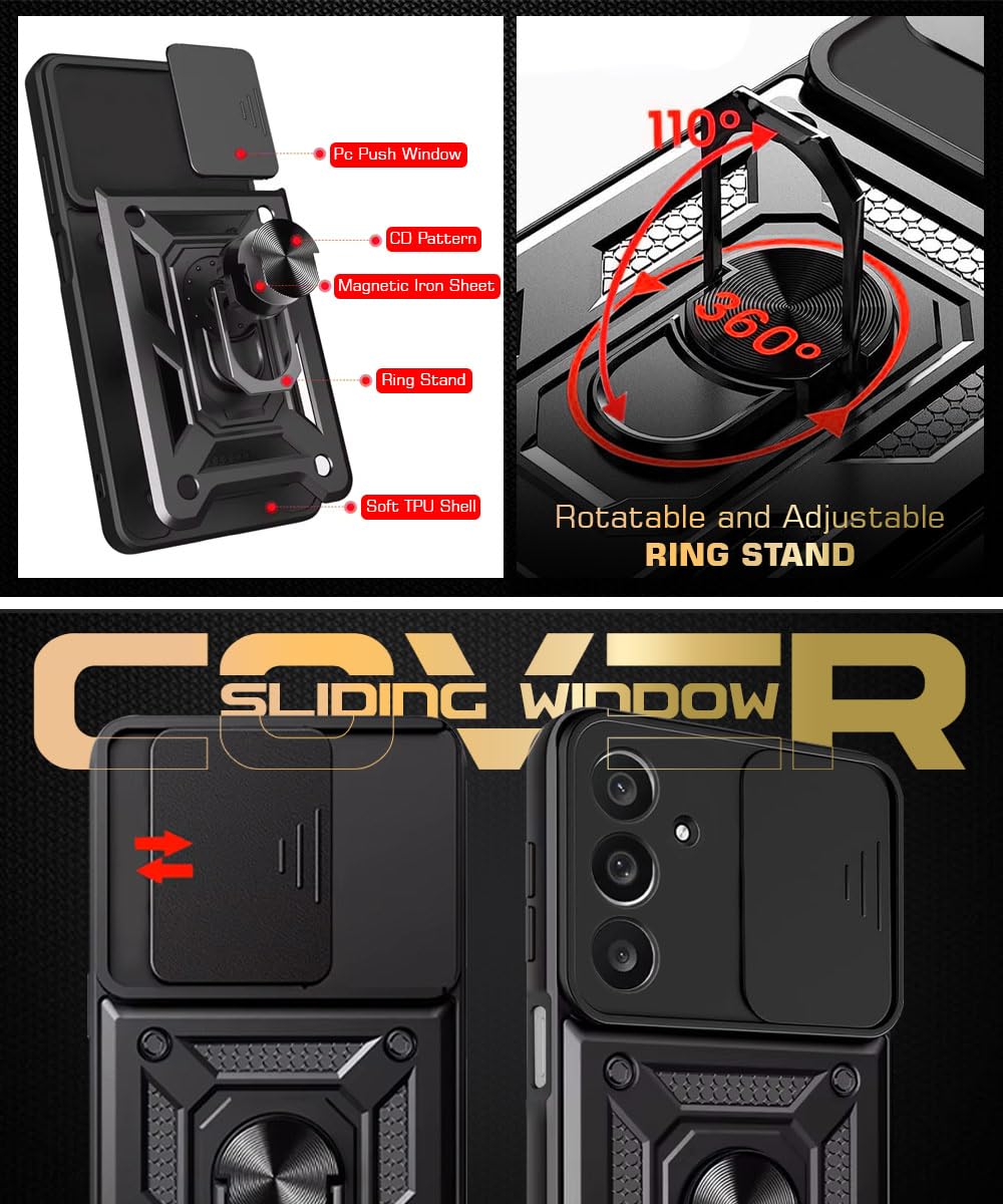 WOW IMAGINE Tough Armor Bumper Mobile Back Case for Samsung Galaxy M36 5G | Galaxy F36 5G Sliding Camera Cover | Shock Proof 360° Protection | Hybrid PC + TPU | Ring Holder with Kickstand – Black 13 71PPQ+UHzwL. SL1200