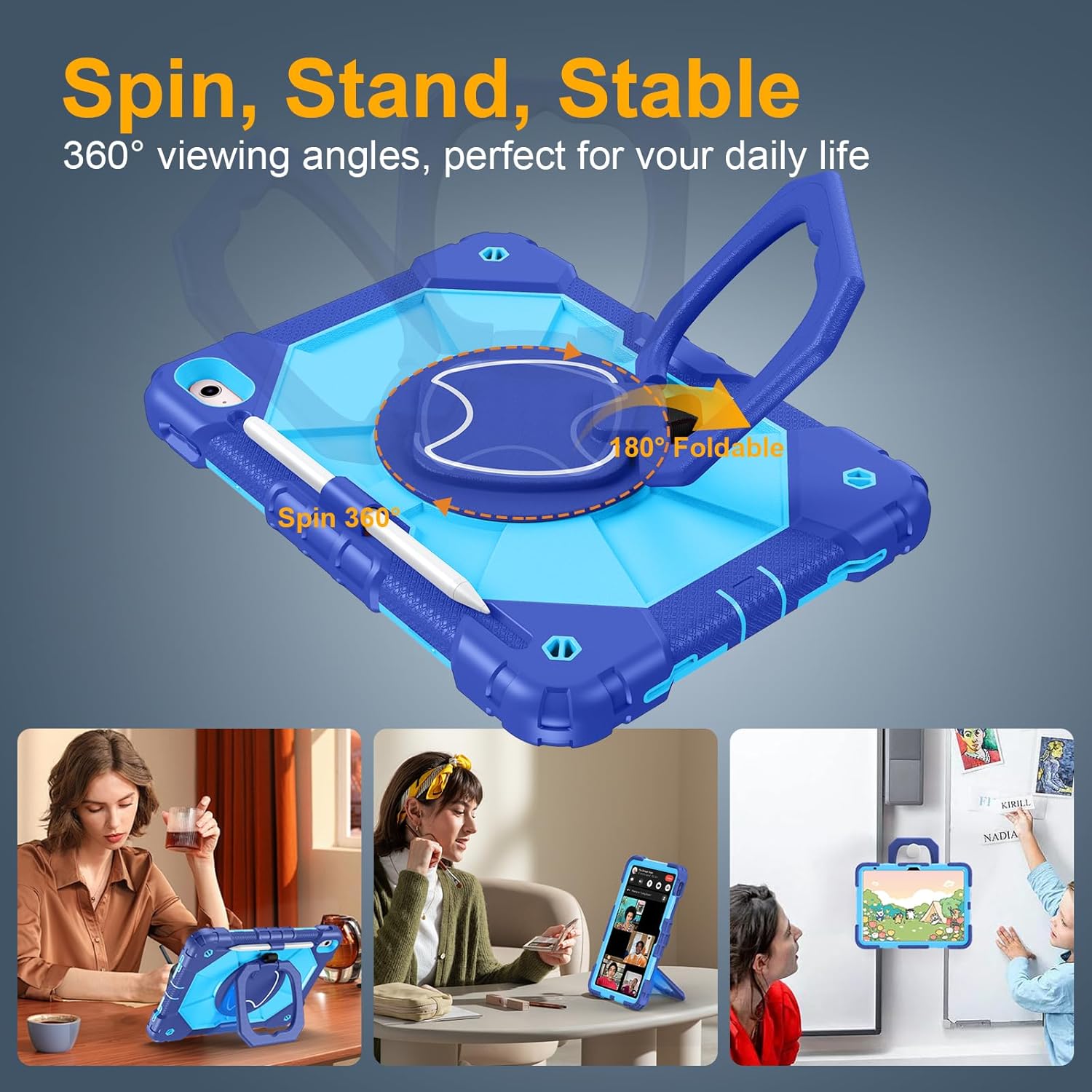 Case for iPad A16 11th Generation 11 Inch 2025, Auorld for iPad 10th Generation 10.9 inch 2022 case with Screen Protector, 360 Degree Rotating Stand Shoulder Strap Pencil Holder, Navy Blue