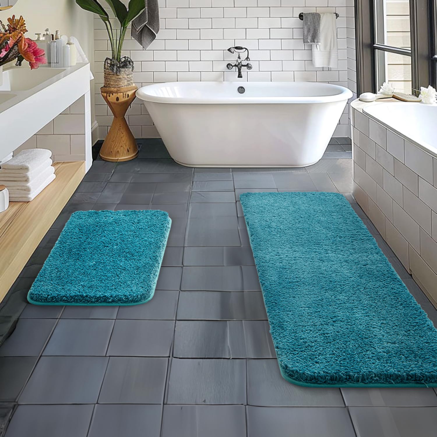 MIULEE Microfiber Bathroom Rugs and Mats Sets 2 Pieces Extra Thick Non Slip Bath Mat Absorbent Soft Shaggy Washable Quick Dry Rug for Bath Room Floor