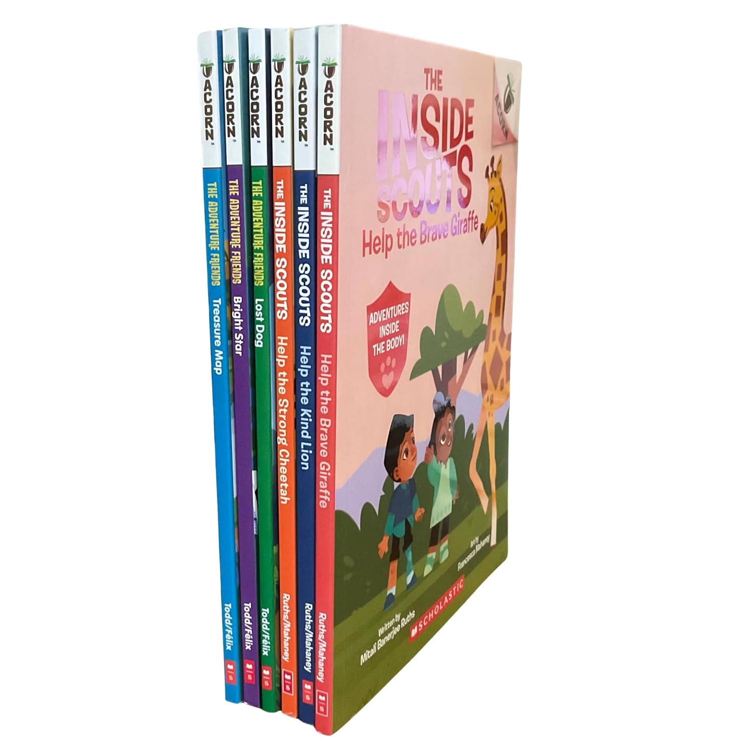 The Adventure Friends & The Inside Scouts (An Acorn Book Set) Treasure Map; Lost Dog; Bright Star; Help the Kind Lion; Brave Giraffe; Strong Cheetah      Paperback – January 5, 2024