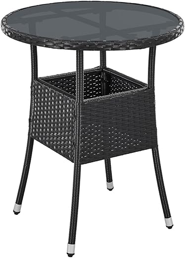 Juskys Polyrattan Gartentisch Yoro wetterfest - Balkontisch Ø 60 cm rund - Rattan Beistelltisch mit Glasplatte - Kleiner Tisch für Balkon - Schwarz