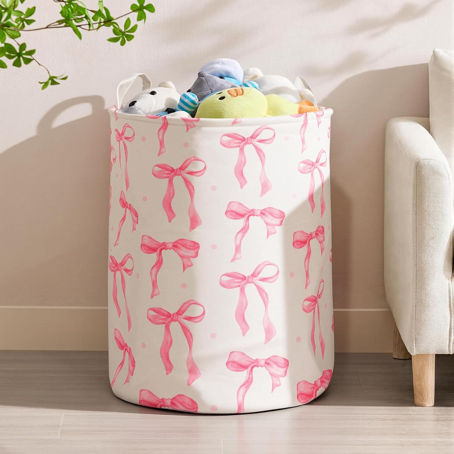 2Pcs Pink Bow Cute Girls Laundry Basket Floral Baby Nursery Hamper Adorable Room Decor Foldable Oxford Cloth Tote Clothes Storage Bucket Organizer For Bedroom Teen Girls Boy (Pink)