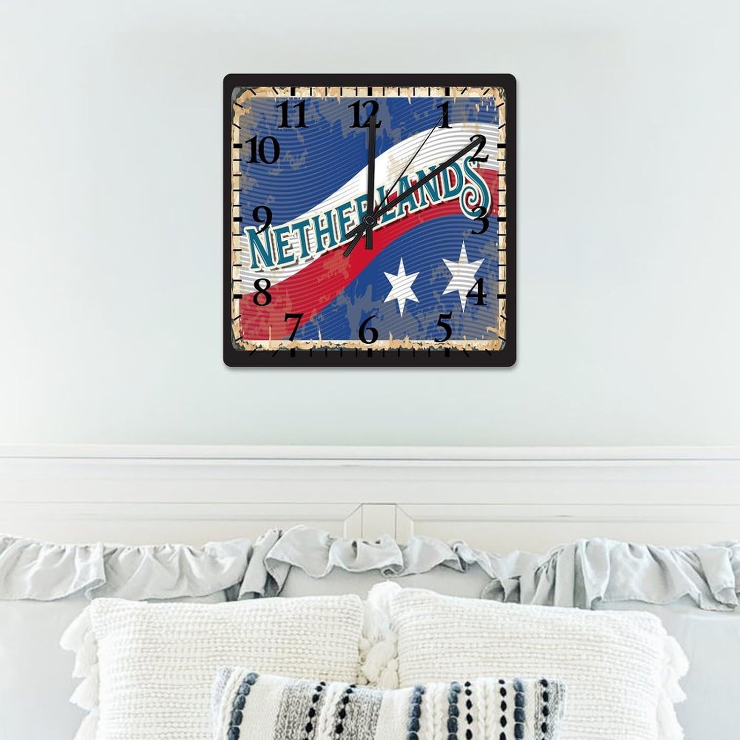 Netherlands Flag Clock Netherlands Large Wooden Wall Clock Battery Operated Silent 15 Inch Farmhouse Wall Clock Decorative for Home Kitchen Living Room Bedroom Office