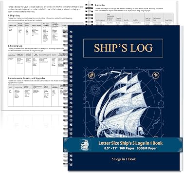 Captains Log Book Spiral Letter Size Ship Logbook 5 Logs In 1 with Plastic Cover Boat Maintenance Log Book 8.511 Nautical Journal Notebook Boating Gift For Men Boater Fishing Sailing Trip