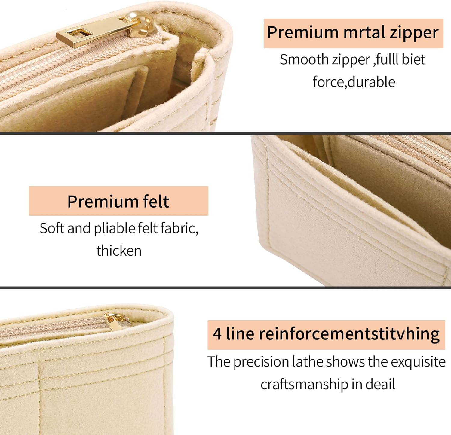 Felt Insert Purse Organizer with Zipper fit GG Marmont Matelasse Shoulder Bag, Organizer Handbag Tote Liner Pouch for Women Inner Bladder Bag Storage Bag (Mini, Beige) - Image 5