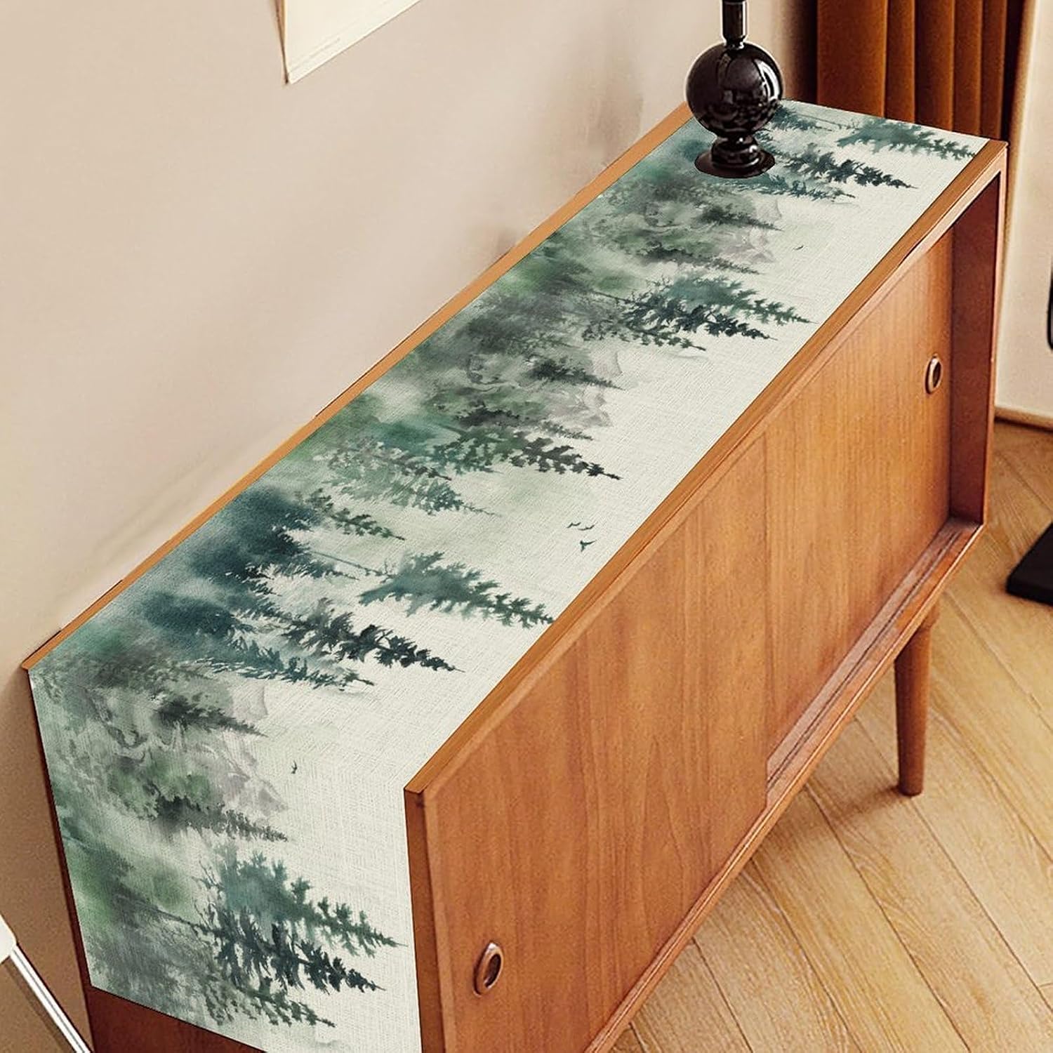 Watercolor Forest Table Runner, Rustic Pine Forest Foggy Mountain Landscape Tree Birds Seasonal Kitchen Dining Table Scarf for Kitchen Living Room Home Indoor Outdoor Party Decor 13x72