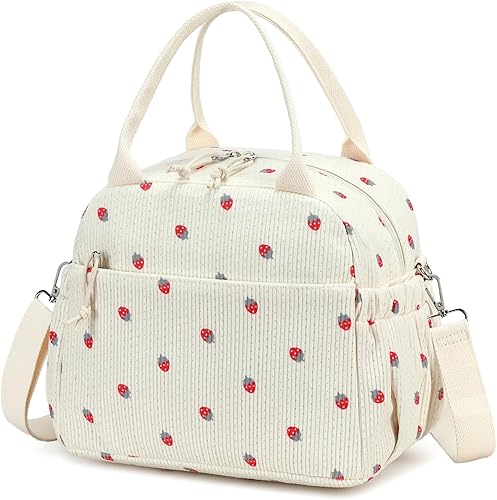 Vista 53 de Bluboon Bolsa de almuerzo para mujer, bonita bolsa de almuerzo de pana con correa para el hombro, reutilizable, aislada, gran capacidad