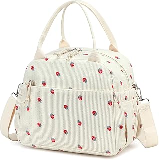 Lunch Bag for Women Cute Corduroy Lunch Tote Bags with Shoulder Strap Reusable Insulated Lunch Box Large Capacity Reusable Insulated Cooler for Work Picnic or Travel (13L)