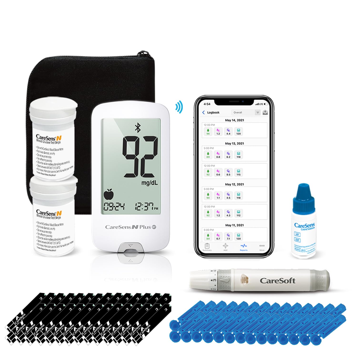 N Plus Bluetooth Blood Glucose Monitor Kit with 100 Blood Sugar Test Strips, 100 Lancets, 1 Blood Glucose Meter, 1 Lancing Device, Travel Case for Diabetes Testing Kit (Auto-Coding Glucometer kit with 1 Control Solution) for Personal Use