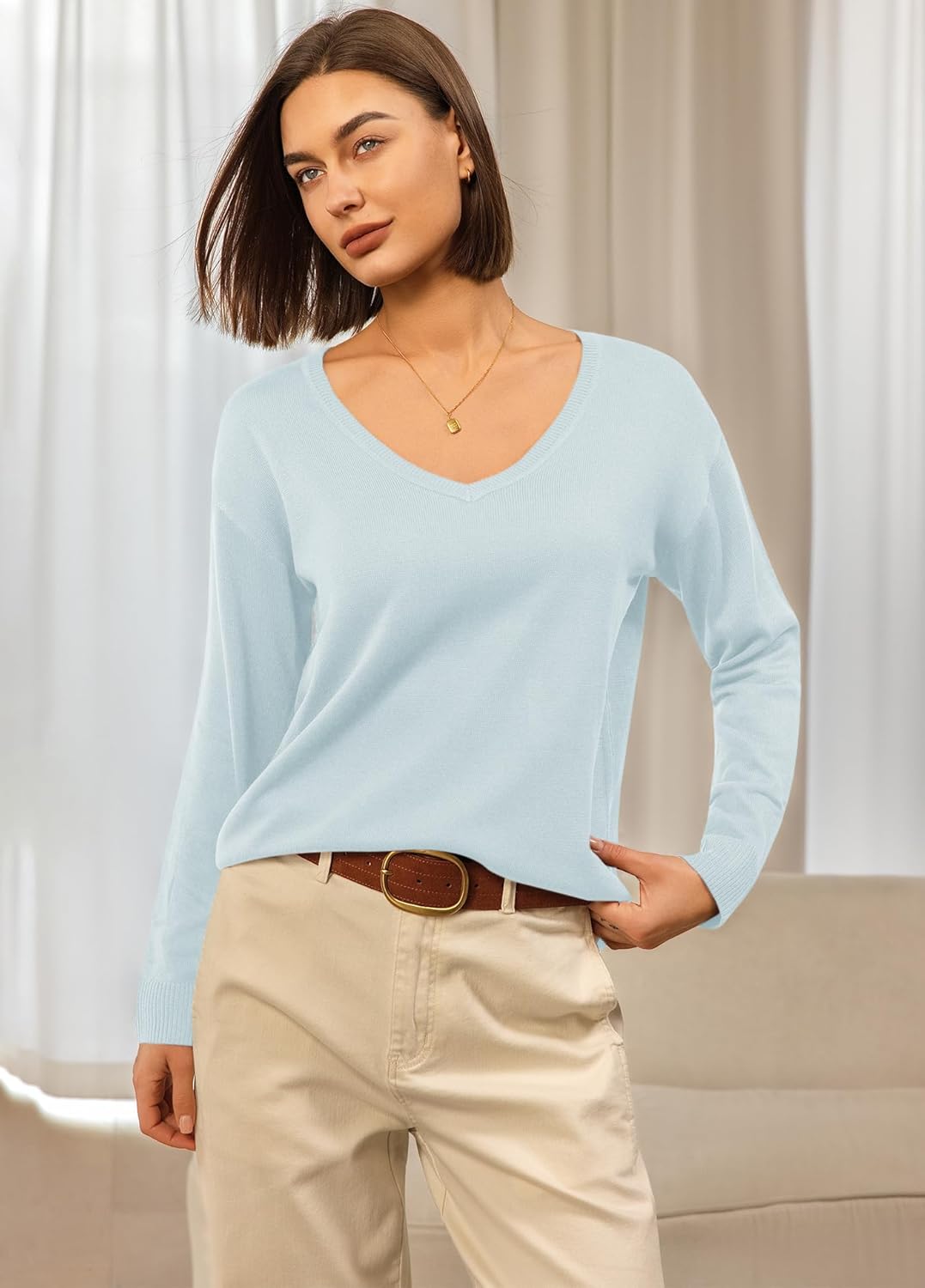 Panadila Women V Neck Oversized Sweaters Casual Off The Shoulder Sweater Knit Long Sleeve Tops Fall Outfits (Light Blue,L) - Image 2