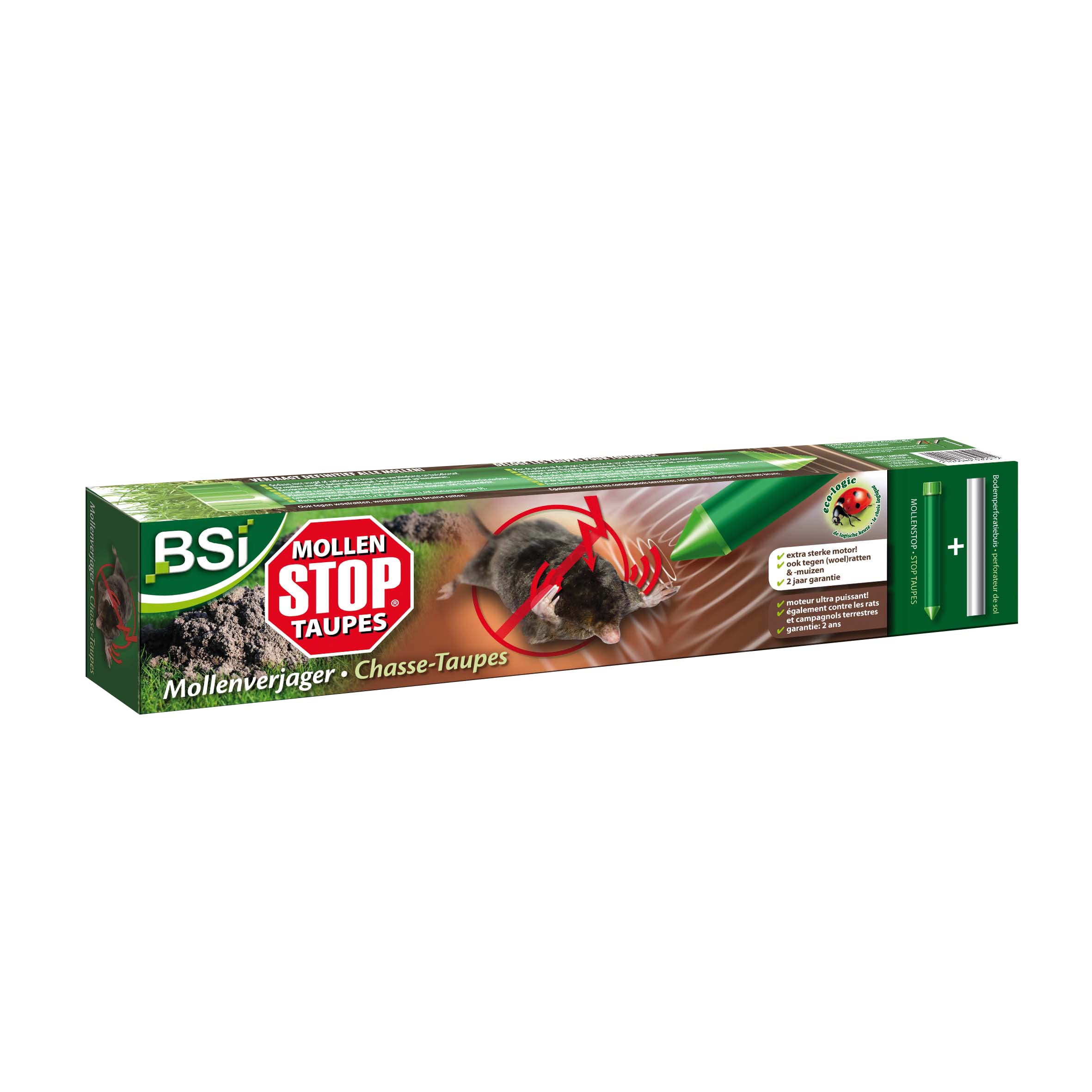 BSI - Puissant Répulsif Taupes - Vibrations - Facile A Installer Et Efficace - Jusqu'à 1200m² En Terres Lourdes Et 500m² Terrain Sablonneux - Fonctionne Avec Des Piles (Non Incluses)