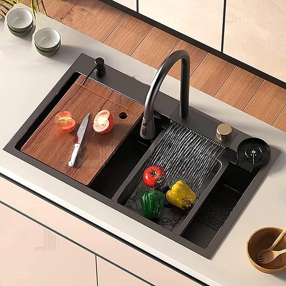 CROCODILE Nano Black Single Bowl Smart Kitchen Sink, 304-Grade Stainless Steel, 30x18x9 inches, Matt Black Finish, with Integrated Waterfall, Cup Washer, Drain Basket, RO Tap and Pull Out Faucet