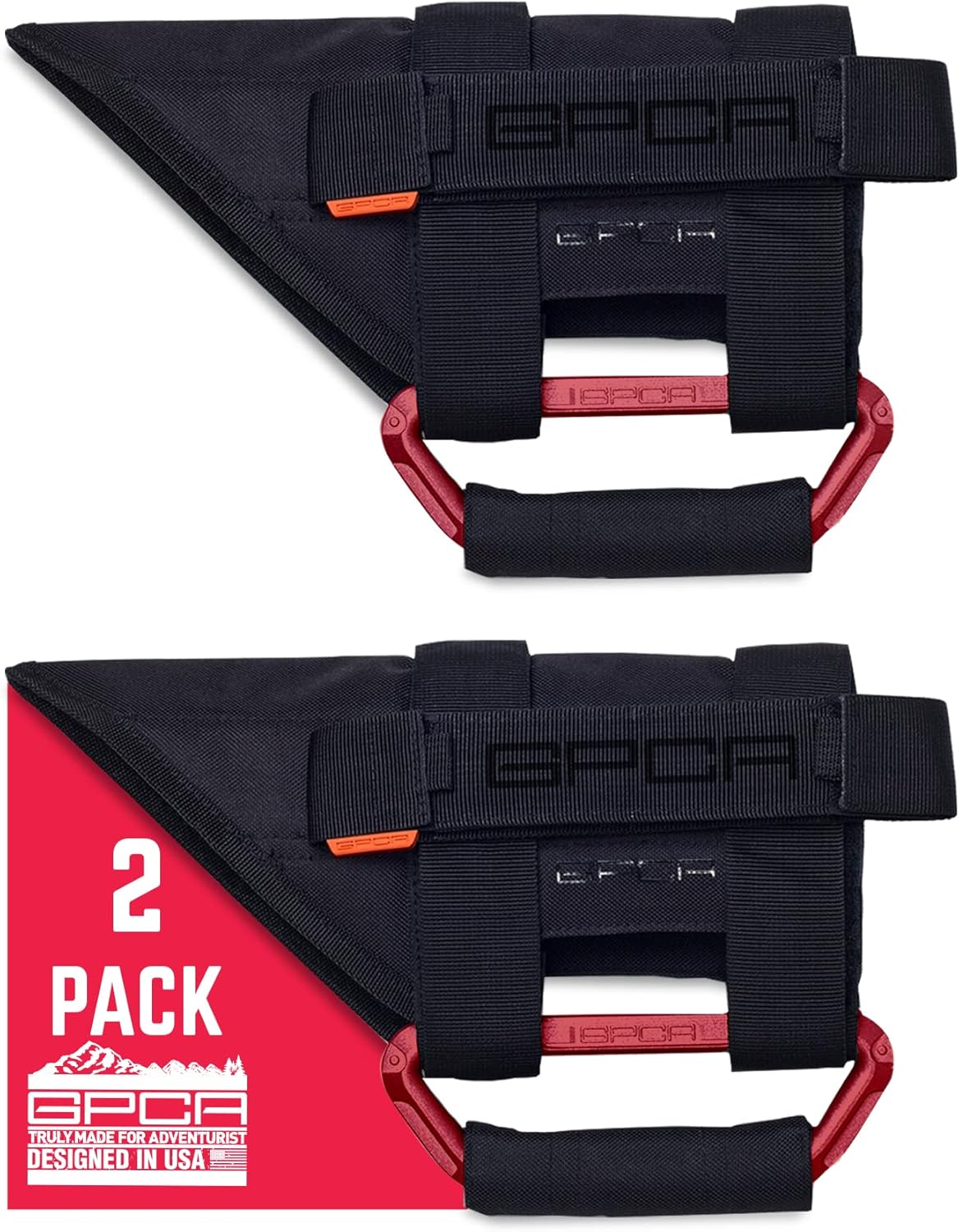 GPCA Metal Grab Handles for 2007–2023 Jeep Wrangler JL, 4xe, JT, JK, Sport, Sahara, Rubicon and Gladiator 4DR/2DR GP Grip PRO Foldable Patented (2 Pack, Red)