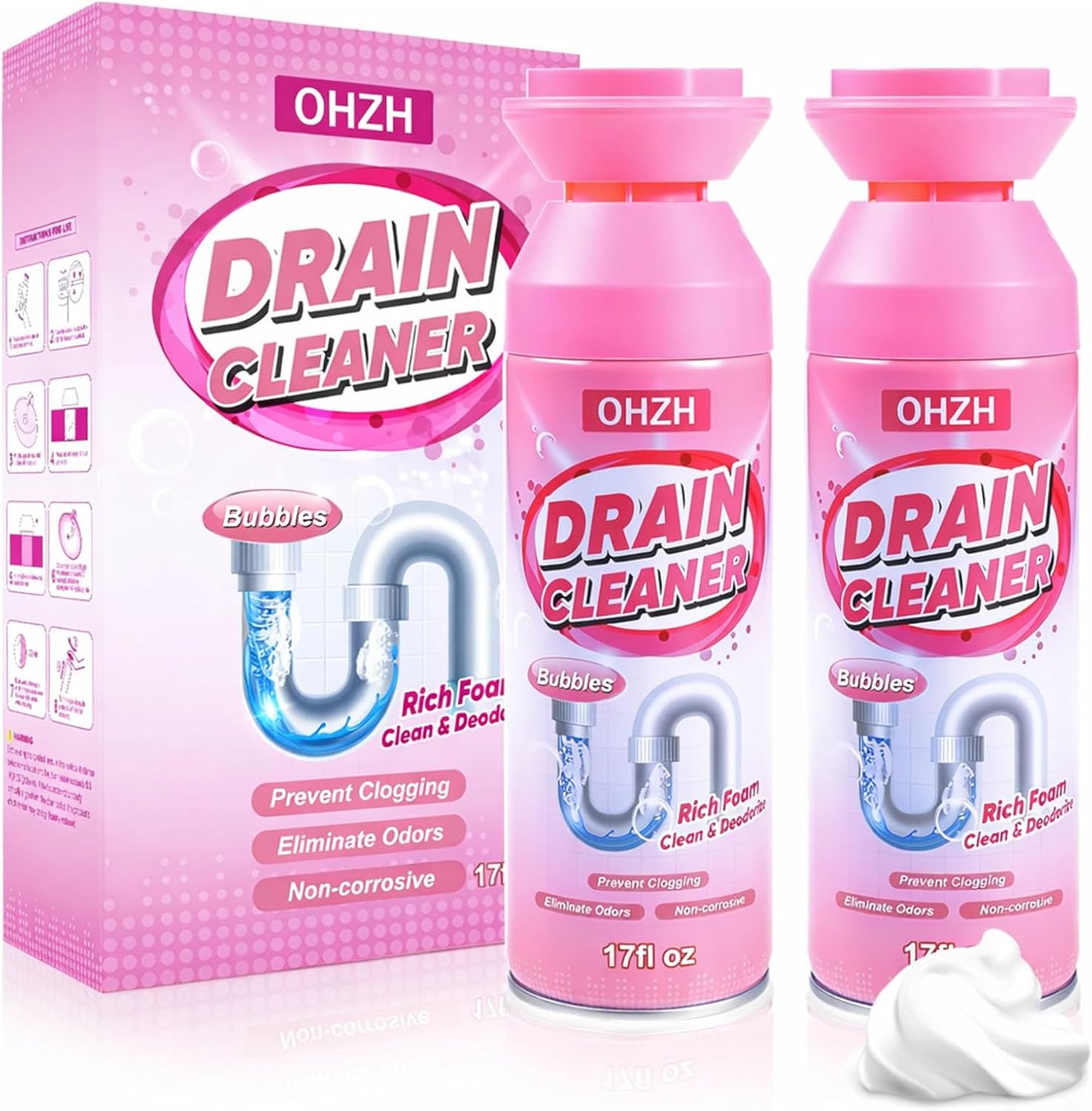 Foaming Drain Cleaner,Drain Clog Remover –Sink Cleaner and Deodorizer,Foaming Cleaners for Kitchen, Sinks, Shower Drains,Tub (2pcs)