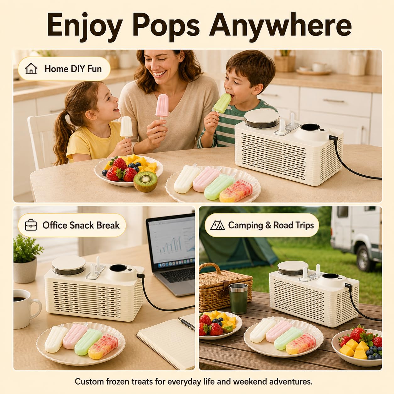 Mini Ice Pop Maker Machine - 12V Compatible, Homemade Popsicle Maker for Home, Office, Camping, RV & Travel - Easy to Use Ice Treats