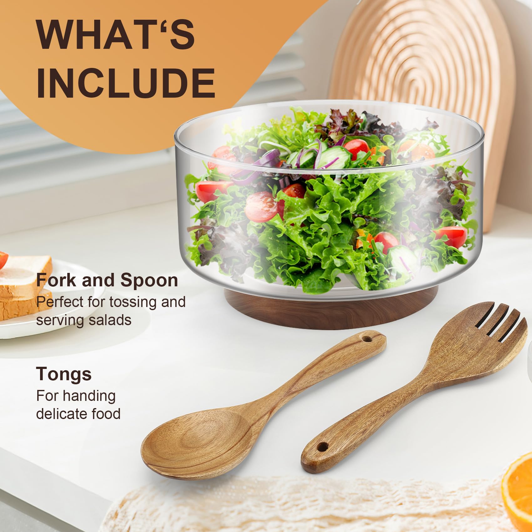 Cuenco grande de cristal de 3700 ml con pinzas de ensalada de madera, diseño de estabilidad mejorada, cuenco versátil para ensaladas, frutas, ideal para reuniones y comidas familiares diarias