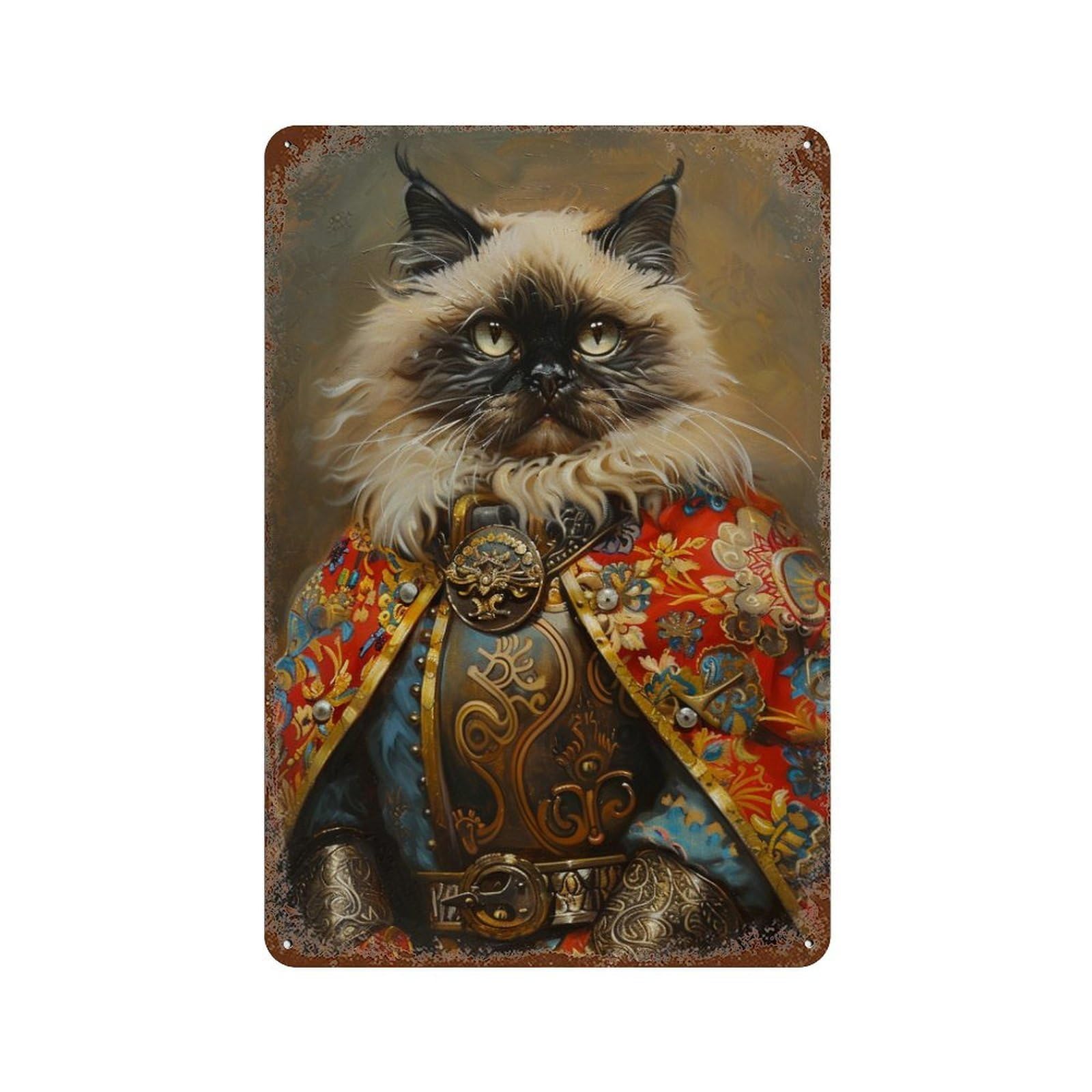 Weathered Tin Sign Royal Cat Armor Painting 11.8"x7.9", Novelty Wall Decor for Basement, Hobby Room And Garage Decor