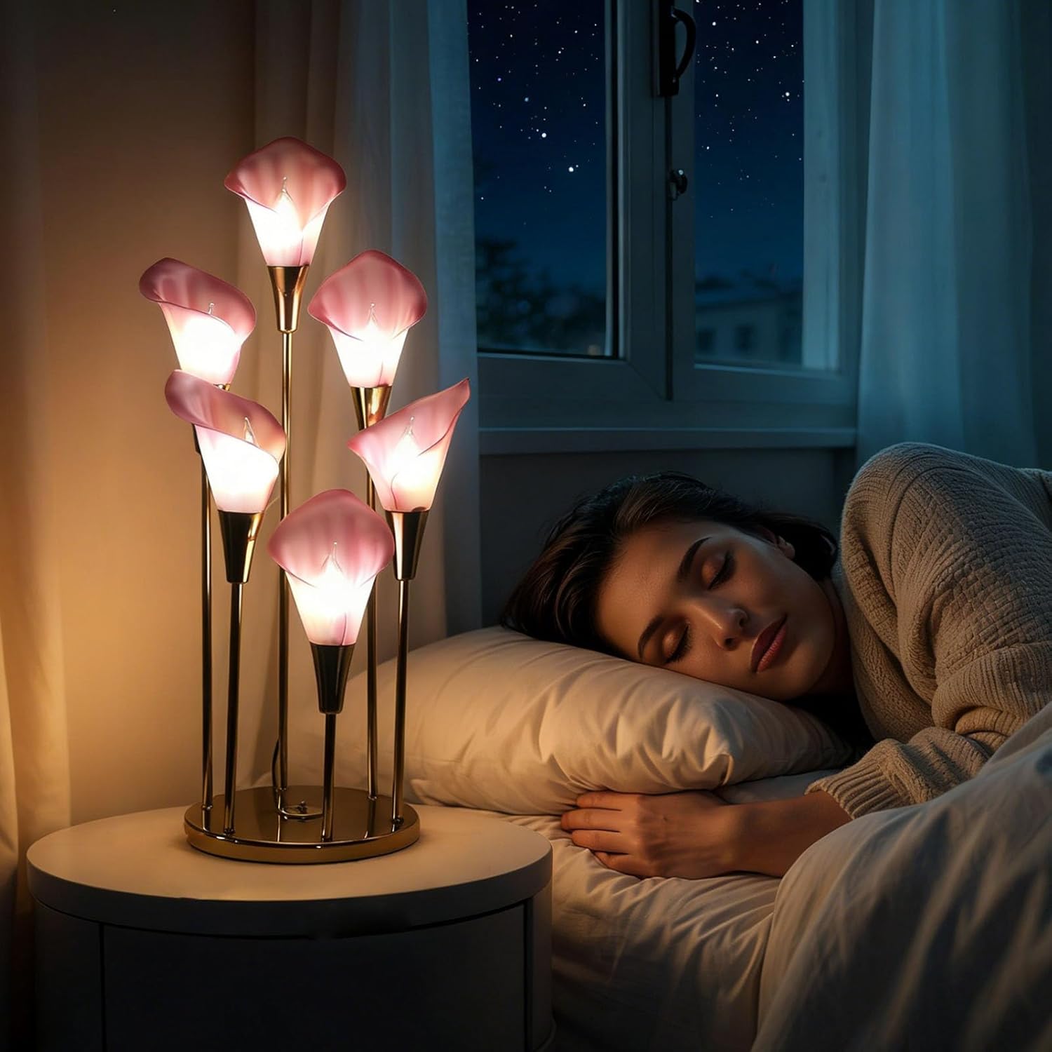 Calla Lily Lamp, Vintage Flower Lamp, Vintage 60s 70s Regency Pink Calla Lily 6-Bulb Brass Table Lamp, Mid-Century Retro Floral Desk Lamp, Boho Feminine Ambient Lighting Decor for Nightstand Gift