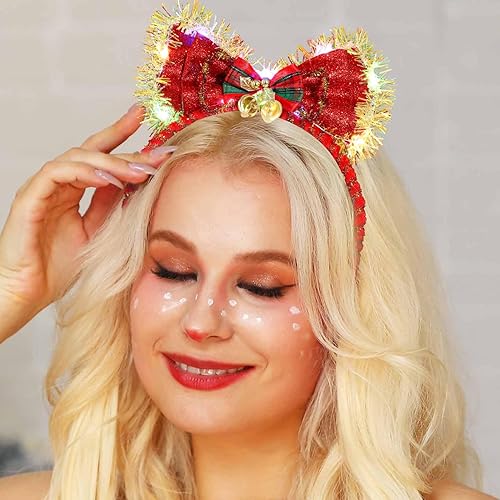 Wosois Diadema de Navidad con pajarita, diadema de pelo rojo, diademas iluminadas, accesorios para el cabello para mujeres y niñas